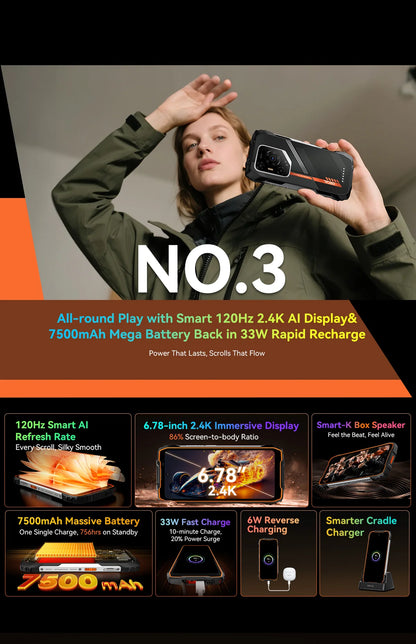 Blackview OSCAL PILOT 3 5G Mobile Phones AI Rugged Smartphone MTK 6300, 6.78' 2.4K Display 120Hz, 12GB 256GB, 7500mAh Phones