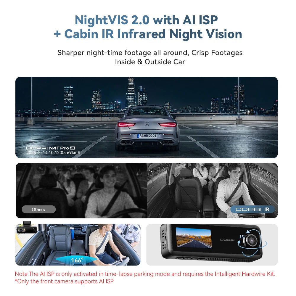 【New】DDPAI N4T Pro Dash Cam 3-Channel HDR 4K+1080P+1080P Front Rear Interior Night Vision ADAS DVR Support 4G Parking Monitoring