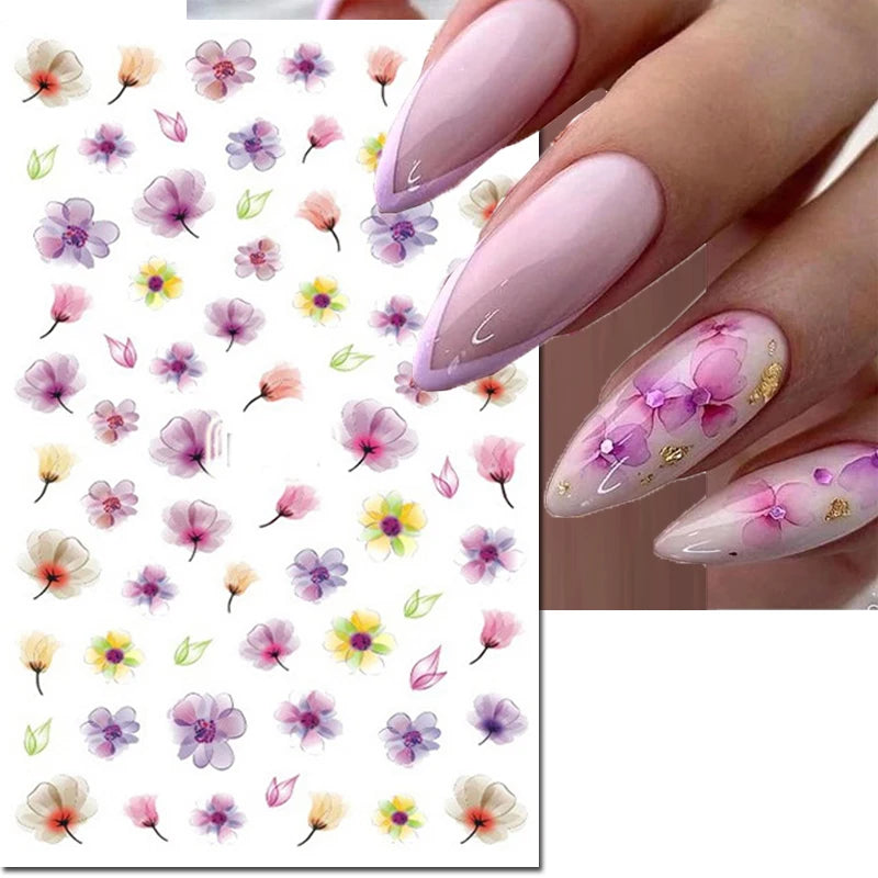 3d Nail Art Decals Watercolor Florals Purple Green Pink Flowers Leafs Fruit Adhesive Sliders Nail Stickers For Manicure