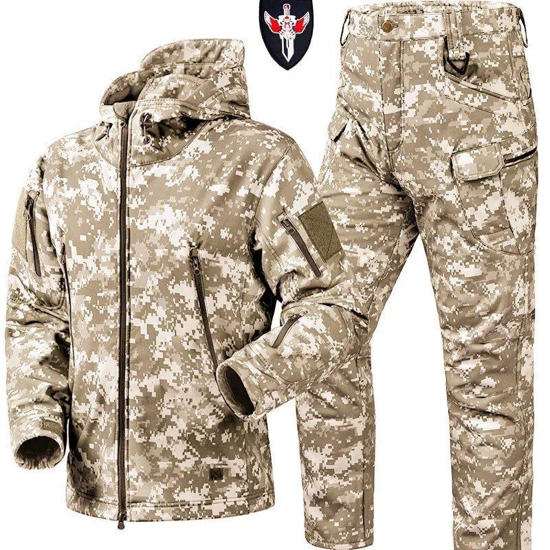 New Men's Winter Jacket Tactical  Sets Fleeced Sharkskin Windproof Waterproof Padding Suits Paintball Uniform Pockets Camo