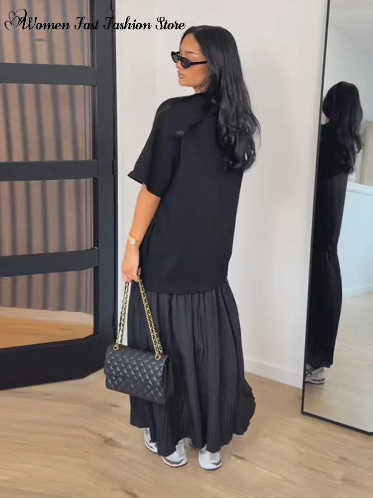 2026 Summer New Loose Patchwork Dresses Women's Pleated Fashion Short Sleeve O-neck Long Robes Female Elegant Casual Dress