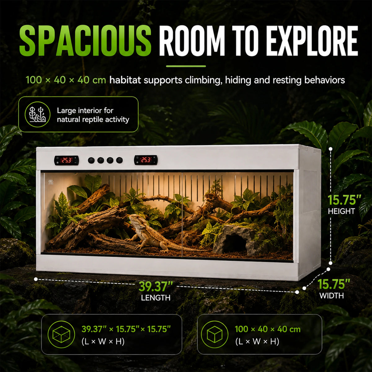 Stackable PVC Reptile Terrarium, Tempered Glass Bearded Dragon Tank – Heavy Duty Enclosure Habitat for Amphibians Reptilians Arachnids