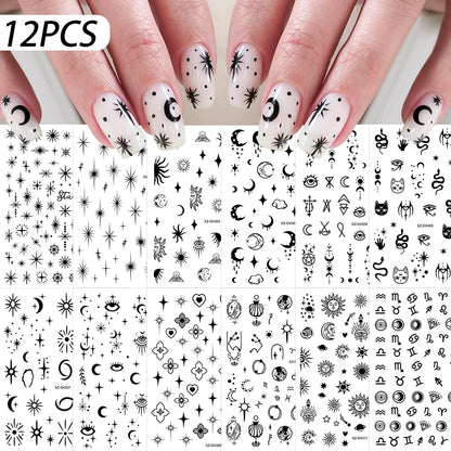 12Pcs 3D Gold Star Moon Sun Nail Stickers 10*8cm Y2K Starlight Self-adhesive Nail Decals Snake Cat Slider DIY Manicure Accessory