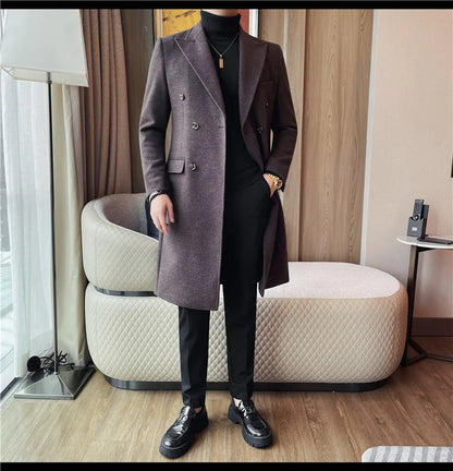 Autumn Winter Vintage Men's Woolen Long Coat Fashion Lapel High Quality Double Breasted Formal Men Slim Fit WindBreaker Overcoat