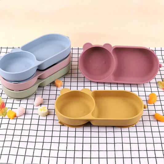 Baby Silicone Suction Cup Bowl Cute Bear Design Macaron Color 100% Food Grade Silicone BPA Free Double plate design for meals