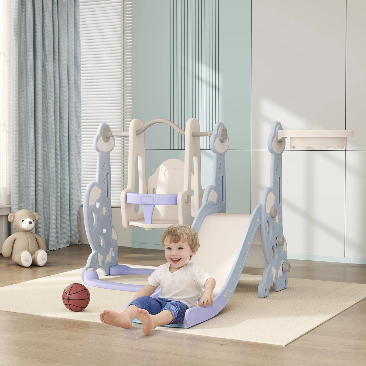 4-in-1 children’s play set with a slide, swing, climbing wall, and hoop, 147.5x160x107 cm, light blue