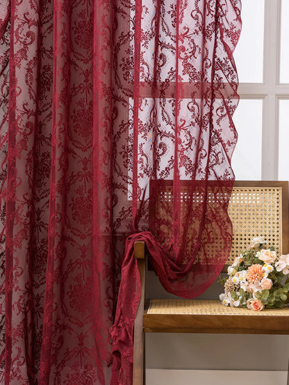 Vintage Burgundy Lace Sheer Curtains, Rod Pocket Ruffled Lace Window Curtains for Living Room Bedroom