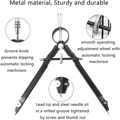 Math and Precision Compass Professional Geometry Set with Lock Metal and Durable Technical Drawing Accessories