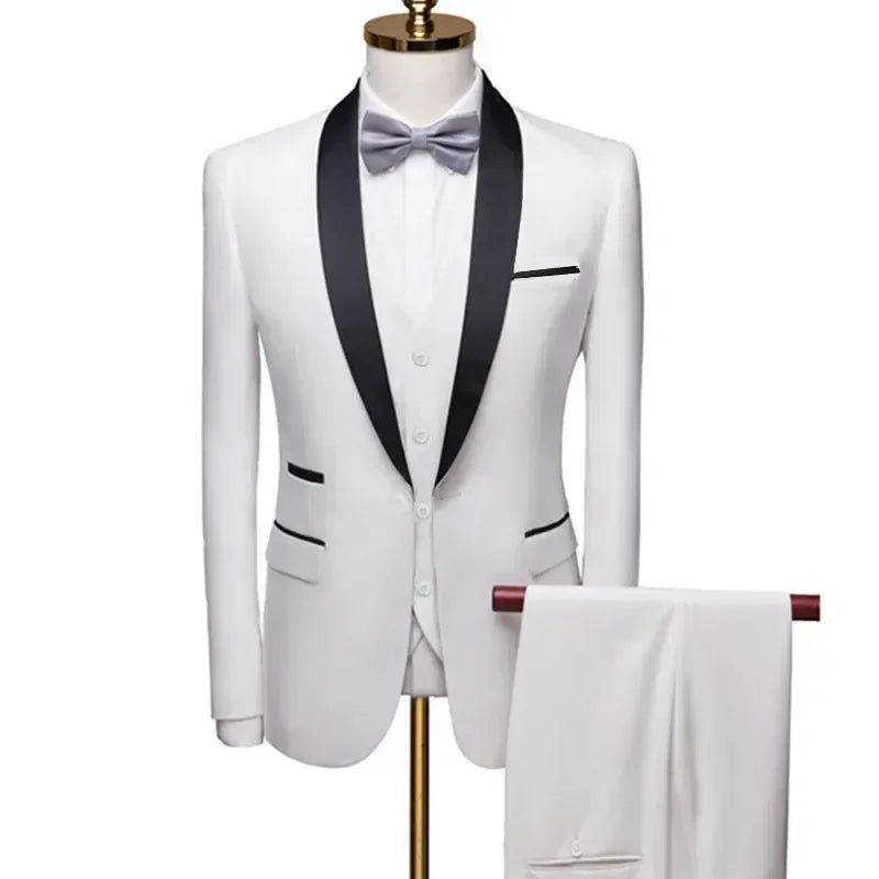 US Size Men Lapel Black Collar 3 Pcs Suit Set Coat Vest Trousers / Business Groom Wedding Dress Fprmal Blazer Pants Waistcoat