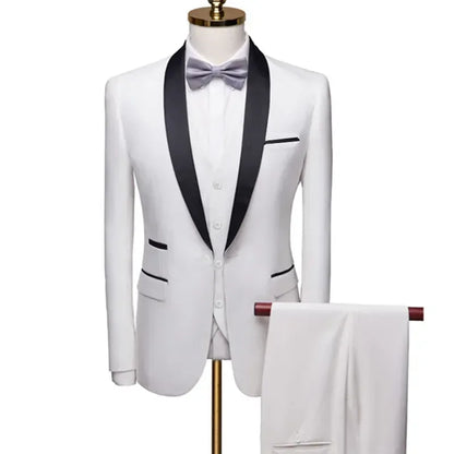 US Size Men Lapel Black Collar 3 Pcs Suit Set Coat Vest Trousers / Business Groom Wedding Dress Fprmal Blazer Pants Waistcoat