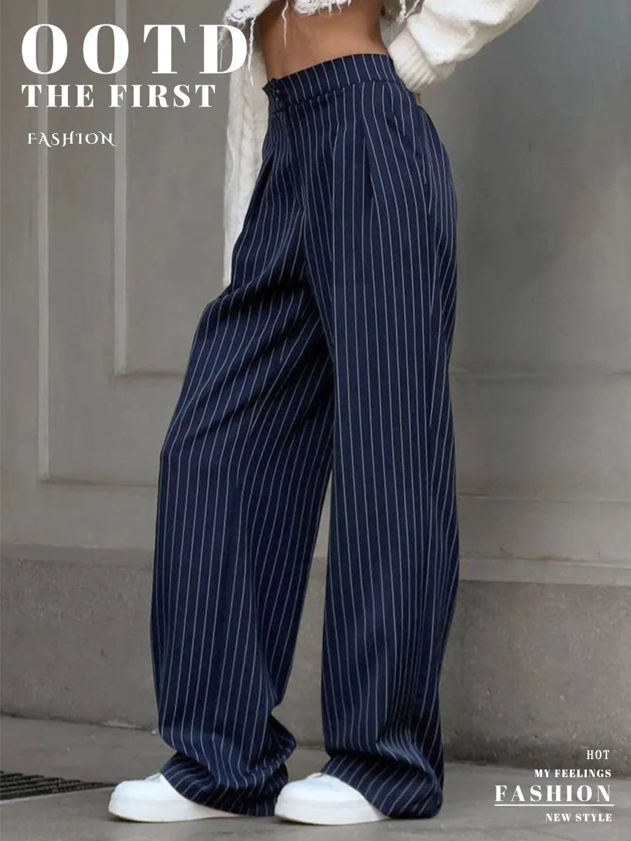 Bornladies Women's  New Autumn Straight Leg Striped Western Trousers Wide Leg Loose Fashion Commuting Suit Pants