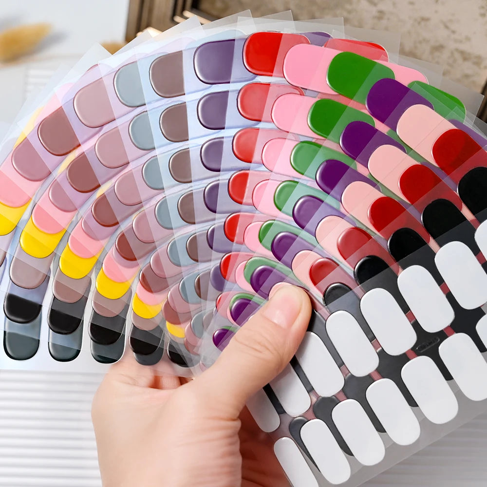 16Tips French Semi-Cured Gel Nail Wraps Sticker Pure Color Full Cover UV Gel Nail Polish Wraps Long-Lasting Nail Extension Decal