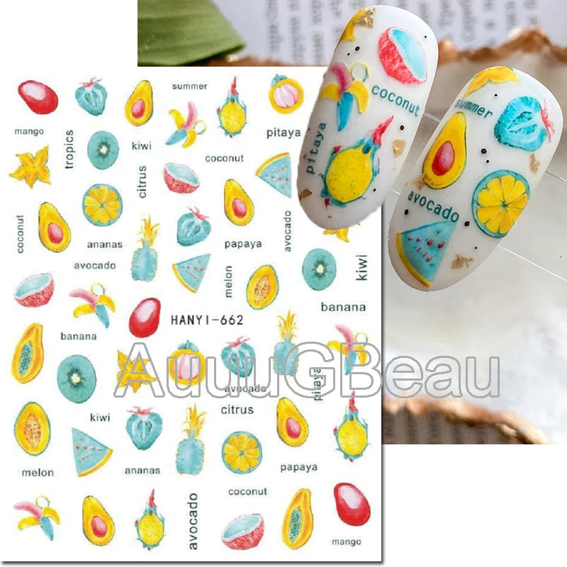 3d Nails Art Decals Spring Fruits Pink Full Tips Peony Magnolia Flowers Adhesive Sliders Stickers Decoration For Nails Manicure