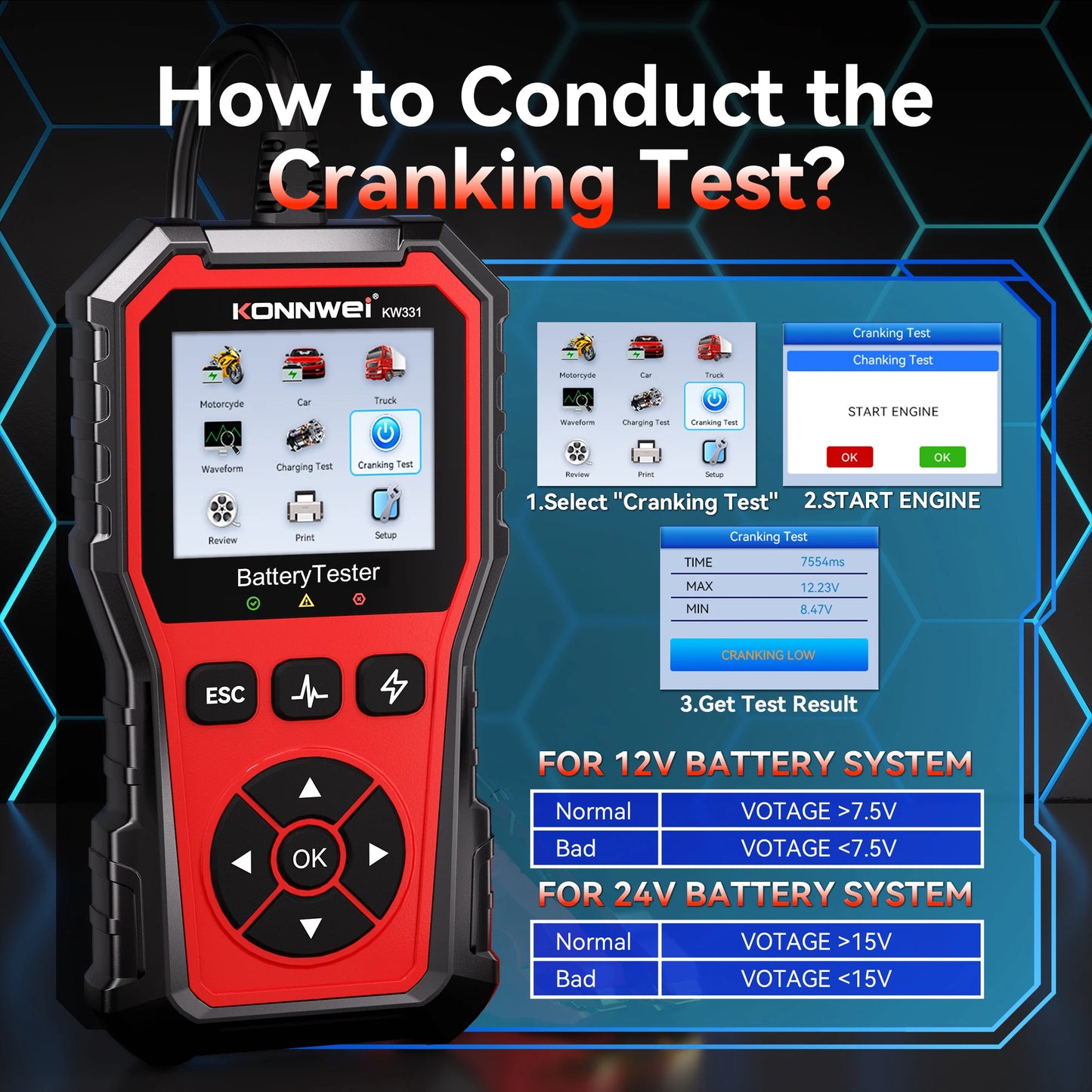 2025 KONNWEi Car Battery Tester Fault Code Clearance Battery Information Monitoring Startup Test Car Battery Charging Scan Tool