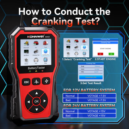 2025 KONNWEi Car Battery Tester Fault Code Clearance Battery Information Monitoring Startup Test Car Battery Charging Scan Tool