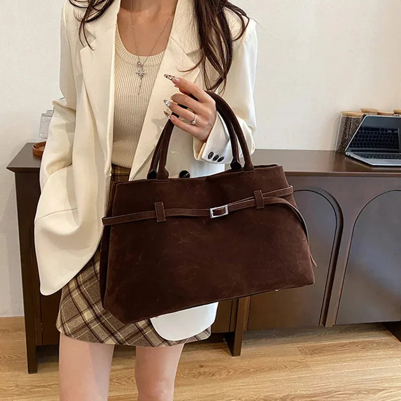 Vintage Satin-Leather Tote Bag – Casual Style with Buckle Closure, Large Capacity for Commuting & Everyday Shoulder Carry