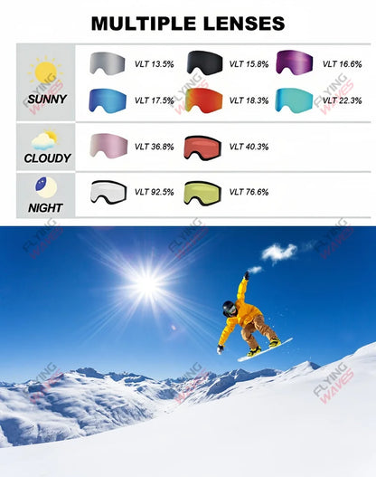 Professional Ski Goggles Adult Frameless Snow Goggles 100% UV400 Anti-Fog Magnetic Replaceable Lenses Snowboard Goggles