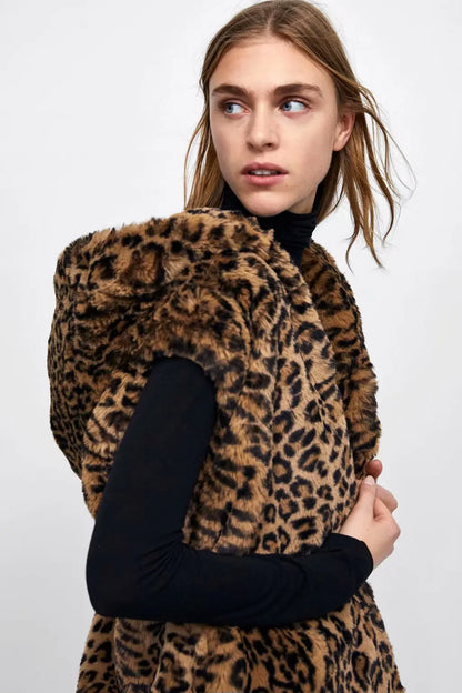 Leopard Hooded Faux Fur Vest Women 2022 New Designed Body Warmer Ladies Luxury Winter Furry Artificial Rabbit Coats Outwear 5XL