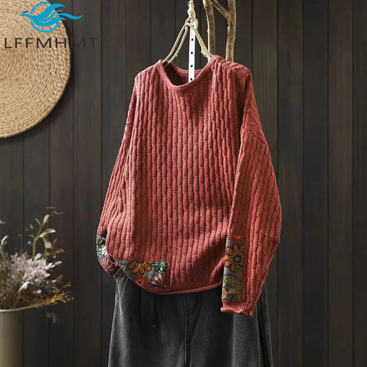 Winter Fall Fashion Vintage Sweater Women's O-neck Loose Casual Lazy-style Casual Pullover Tops Flower Print Patchwork Knitwear