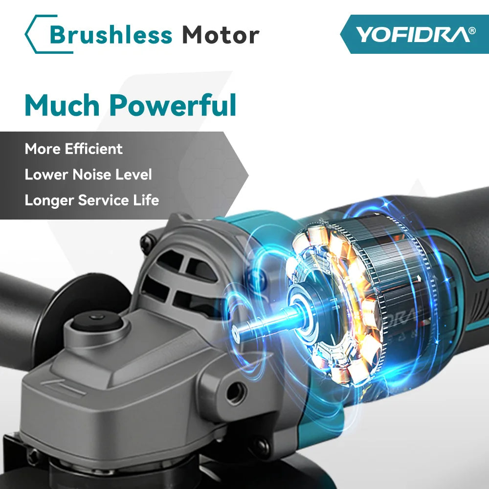 YOFIDRA 125mm Brushless Electric Angle Grinder 20000RPM Wood Metal Cutting Grinding Polishing Power Tool For Makita Battery Pin