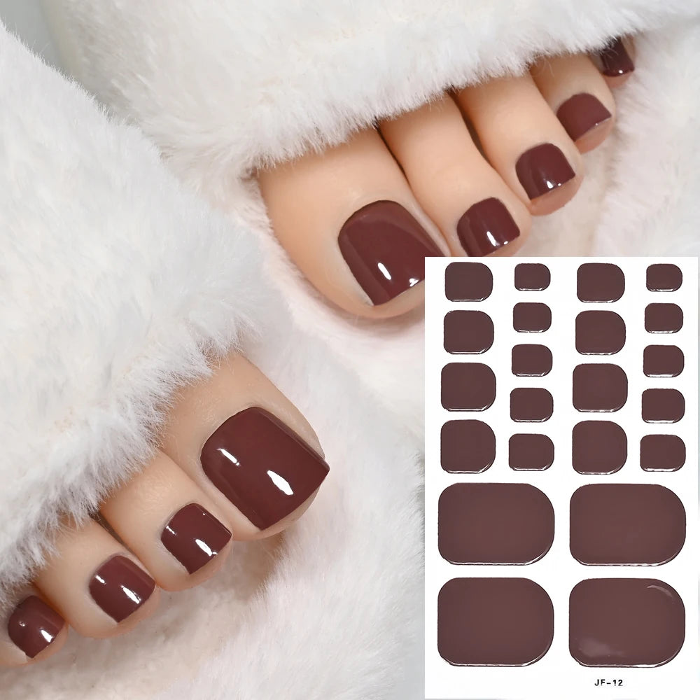 1Sheet=22Tips Glossy Red Toe Nail Stickers Full Cover Solid Color Press On Toenails Patch UV Baking Free Foot Gel Polish Wraps #