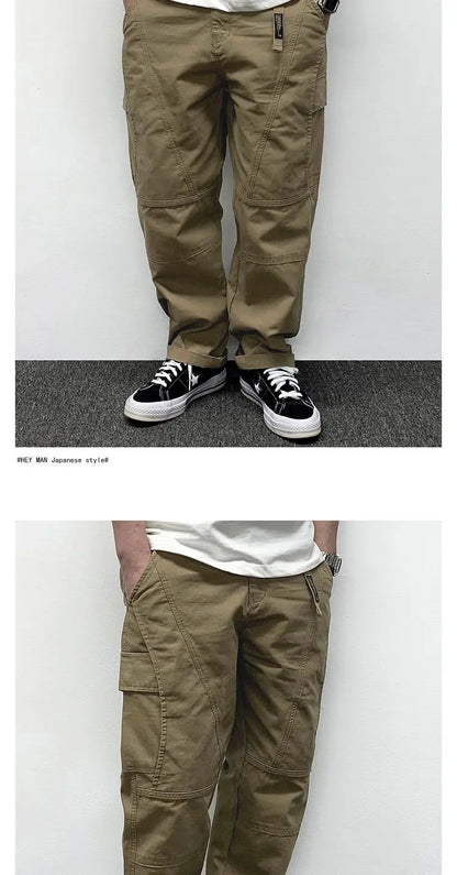 Autumn Men's Pants Multi-Pocket Cargo Pants Retro Solid Color Simple Loose Button Elastic Strap Casual Pants