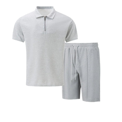 2026 Men Europe and the United States new summer Waffle solid color zip-up lapel short-sleeve suit shorts two sets