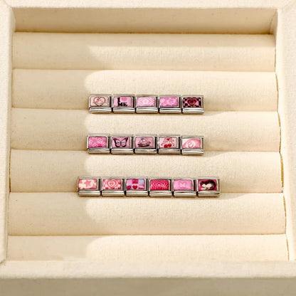 Wholesale Sweet Pink Series Stars Heart Flowers Butterfly Italian Link Fit 9mm Stainless Steel Bracelet Making DIY Charm Jewelry