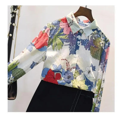 Blue Floral Print Vintage Polo-Neck Single Breasted Long Sleeve Women's Blouse Shirt Casual Female Clothing Tops Fashion 2024