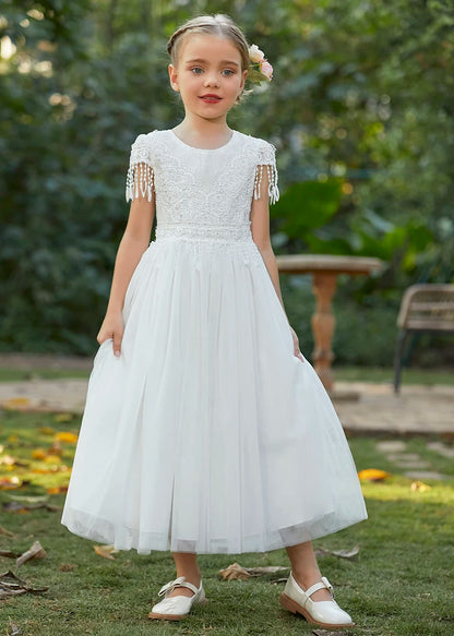 Christmas Girl's New Bohemian Style Lace Tassel Flower Backless Solid Color Fashionable and Atmospheric Gathering Mesh Dress