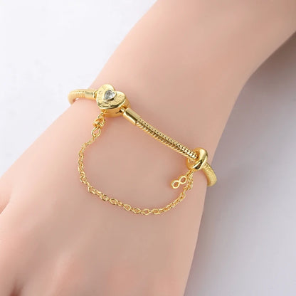 Original Bracelet 925 Sterling Silver Charm Bracelet 17-20CM Golden Heart Love Key Clover Bracelet Bangle Women Jewelry Gift