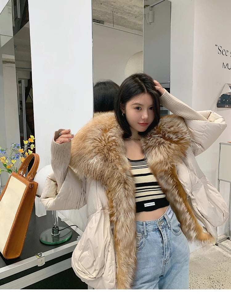 2024 Winter Women Warm Coat Oversized Real Fox Fur Collar Thick Luxury Outerwear New Fashion 90% Goose Down Jacket