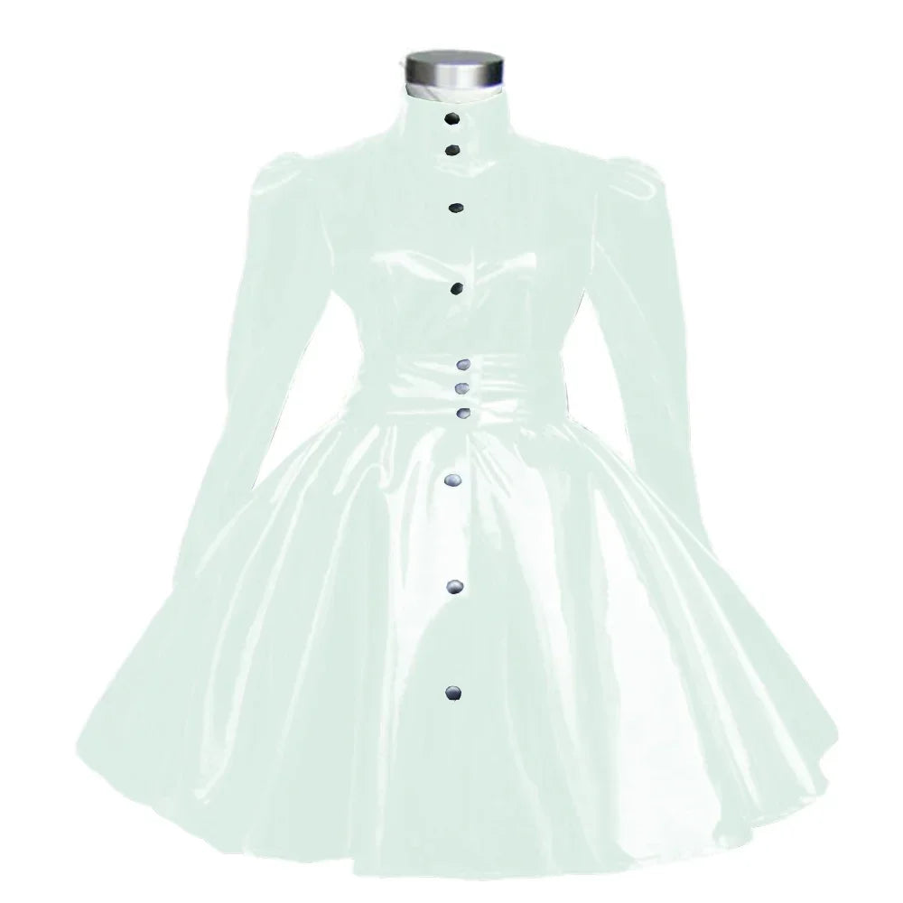 Plus Size Sweet Girl Mini Dress PVC Leather High Neck Button Pleated  A-line Dress Preppy Style Back Zipper Long Sleeve Dress