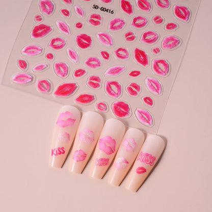 1sheet 5D Sexy Red Lips Nail Decal Stickers KISS Love Heart Valentine's Day Self-adhesive Nail Slider DIY Romantic Nail Decor