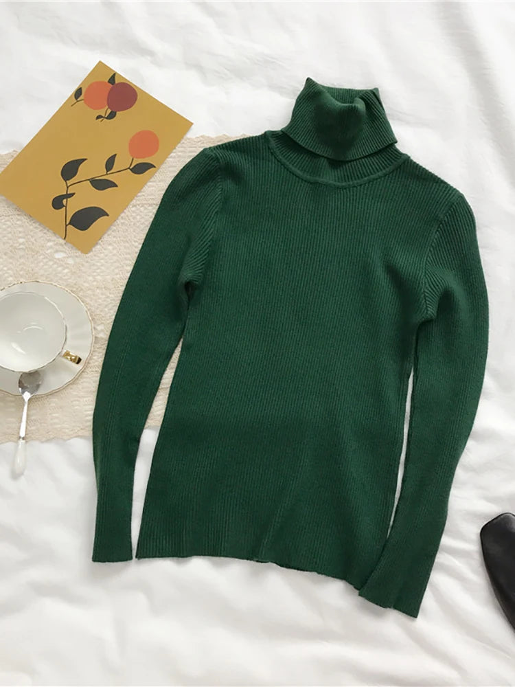 2026 Autumn Winter Sweater Women Knitted Ribbed Pullover Sweater Long Sleeve Turtleneck Slim Jumper Soft Warm Pull Femme