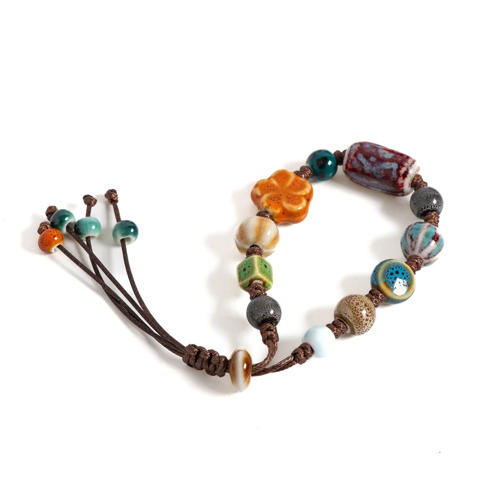 Handmade Ceramic Beaded Bracelet Adjustable Boho Woven Jewelry Vintage Ethnic Style Gift for Women Fashion Accessories S02-035