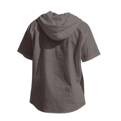 Summer Men's Hooded Cotton Linen Shirt Solid Color Breathable Lightweight Short Sleeve Drawstring Design Tees Male Casual Tops