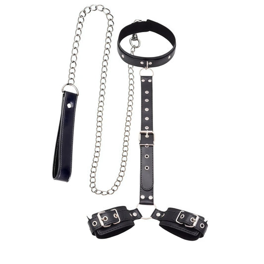 Bondage Restraint Kit Adjustable Collar & Wrist Cuffs Durable PU Leather Fetish Play Set for Adult Couples