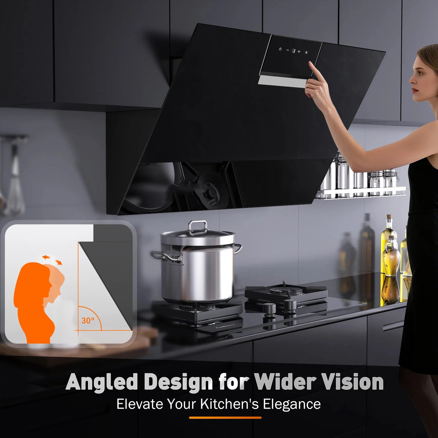 90cm Wall Mounted Cooker Hood 800m³/h A+++ LED Touch Control, Black Glass - Recirculation/Exhaust Option