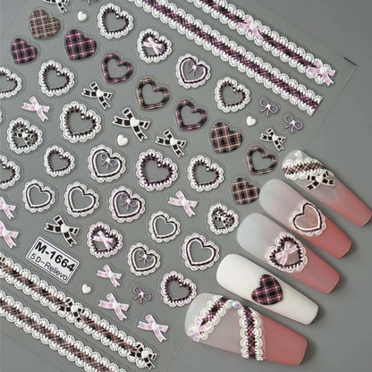 Sweet Bowknot Black Lace Heart Nail Stickers 3D Self Adhesive Nail Art Stickers Japanese Cool Girls Manicure Decorations Decals
