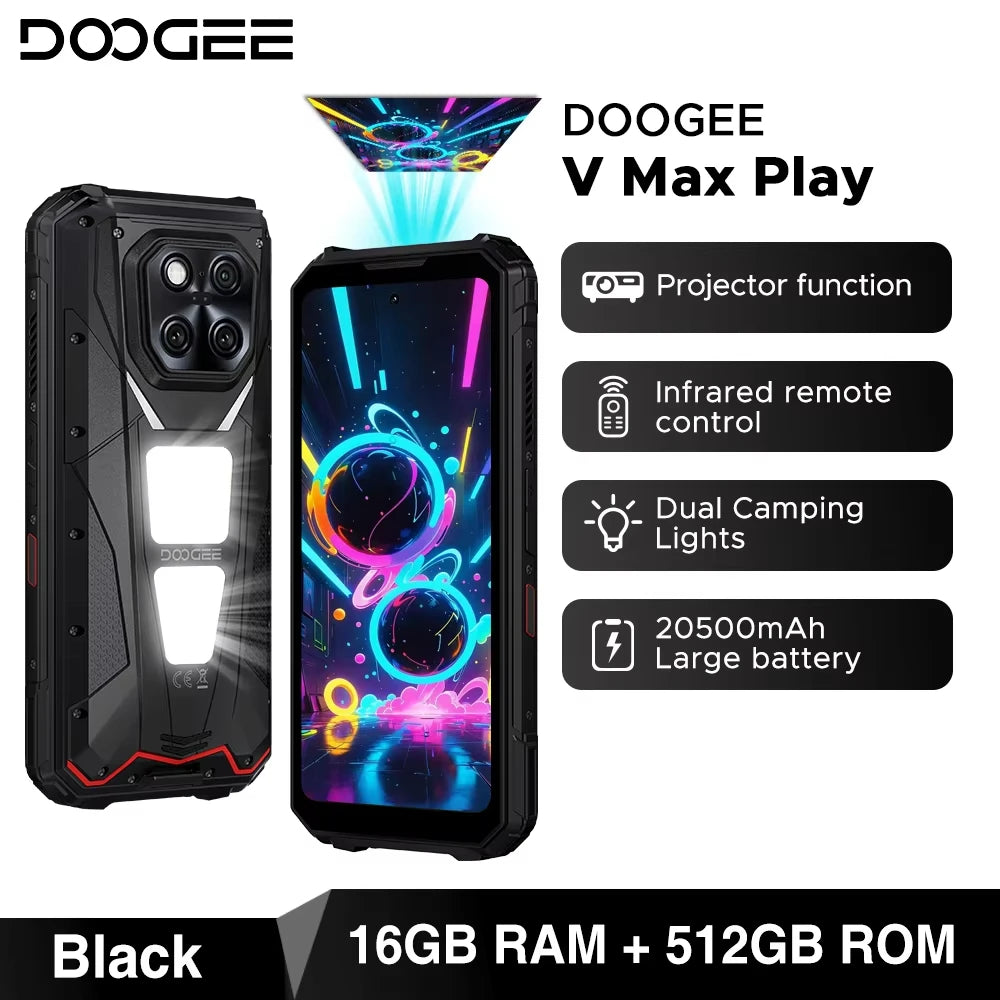 DOOGEE V Max Play 5G Projector Rugged Phone 6.78" Display 20500mAh Battery Dual Camping lights Dimensity 7300 NFC Smartphone