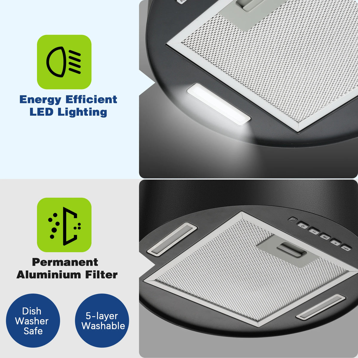 Island Hood 700/800m³/h, A+ Energy, 5-Layer Filter, LED, Ductless, Black, CE, Push Button