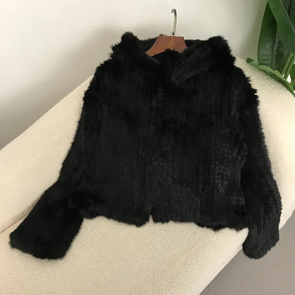 2024 Short Rabbit Fur Coat for Women Autumn Winter New Encrypted Thickened Handmade Double-sided Woven Hooded Korean Style