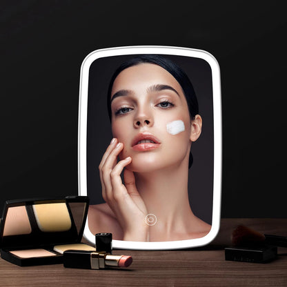 LED Makeup Mirror with Stand Desktop Folding Compact Square Travel Cosmetic Portable Lighted Vanity Mirror Touch Screen Tabletop