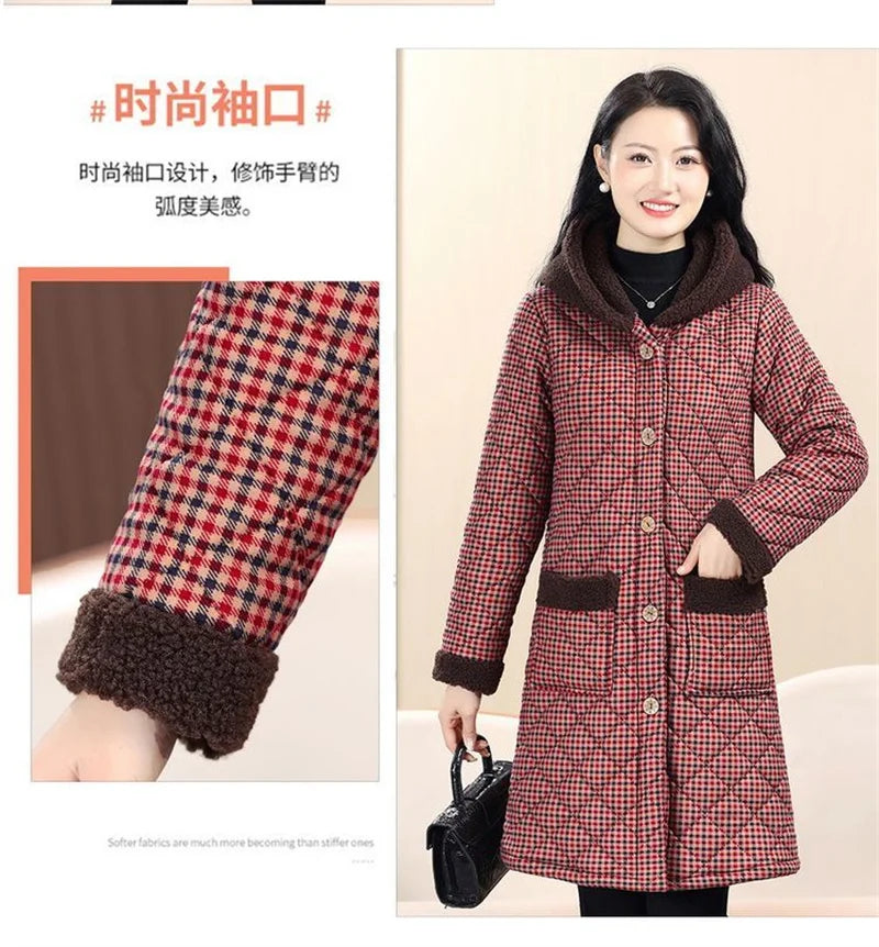 Winter Coat New Vintage Velvet And Thickening Single breasted Cotton Coat for Women Fit Cotton Clip Warm Long Parka Plaid Coat