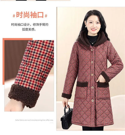 Winter Coat New Vintage Velvet And Thickening Single breasted Cotton Coat for Women Fit Cotton Clip Warm Long Parka Plaid Coat