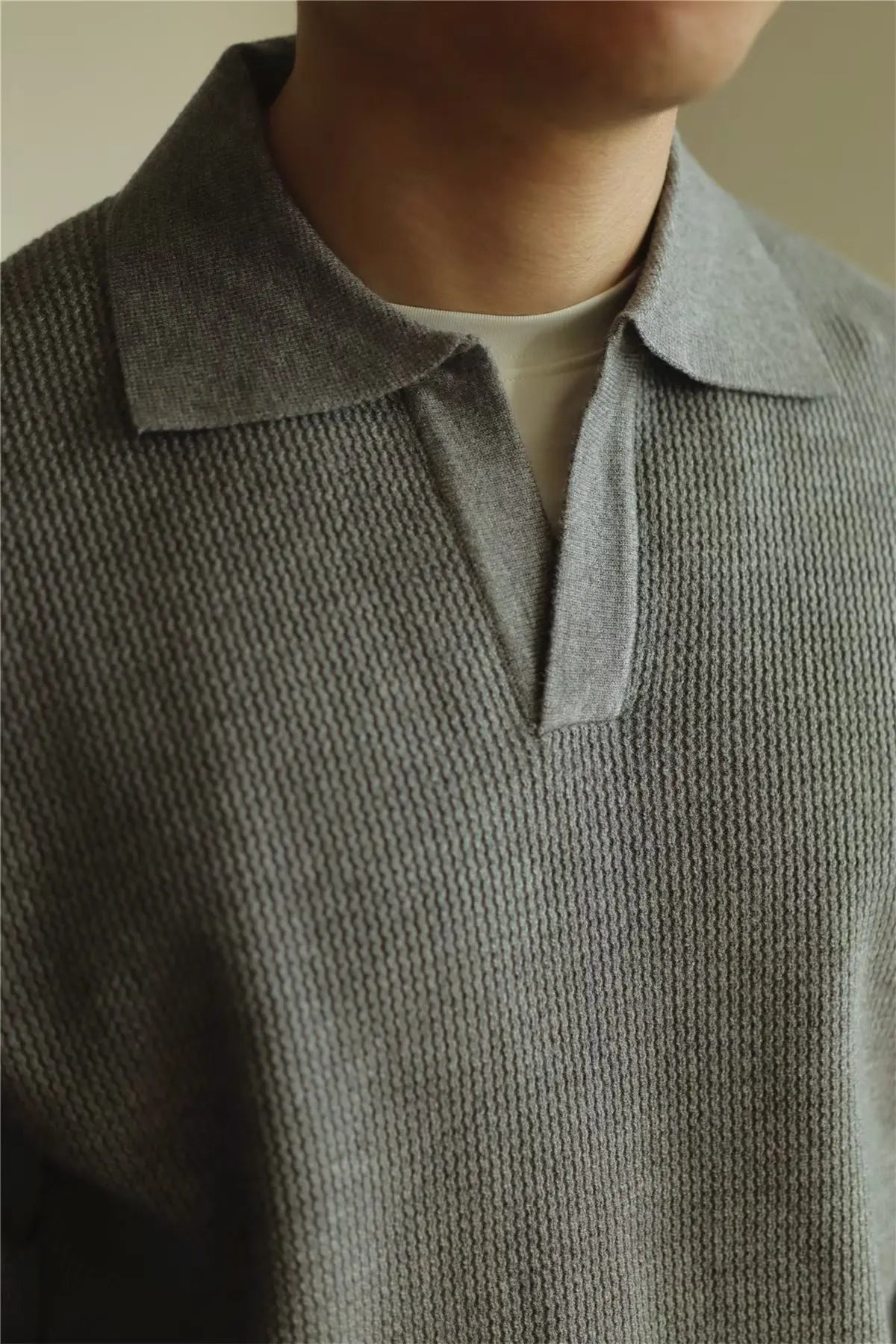 Fashion Solid Color Men Polo Kint Shirt Autumn Long Sleeve Turn-down V-neck Sweater Casual Jumper Tops Men's Knitwear Clothing