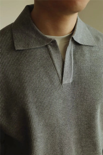 Fashion Solid Color Men Polo Kint Shirt Autumn Long Sleeve Turn-down V-neck Sweater Casual Jumper Tops Men's Knitwear Clothing