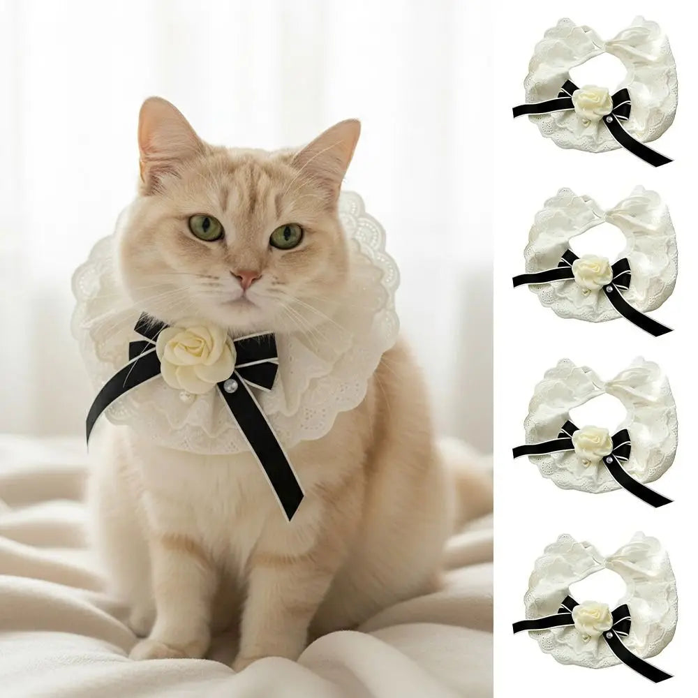 Elegant Design Pearl Pet Collar Lace Collar Princess Style Pet Bow Accessories Headgear Silk Material Bowtie Wedding Ceremony