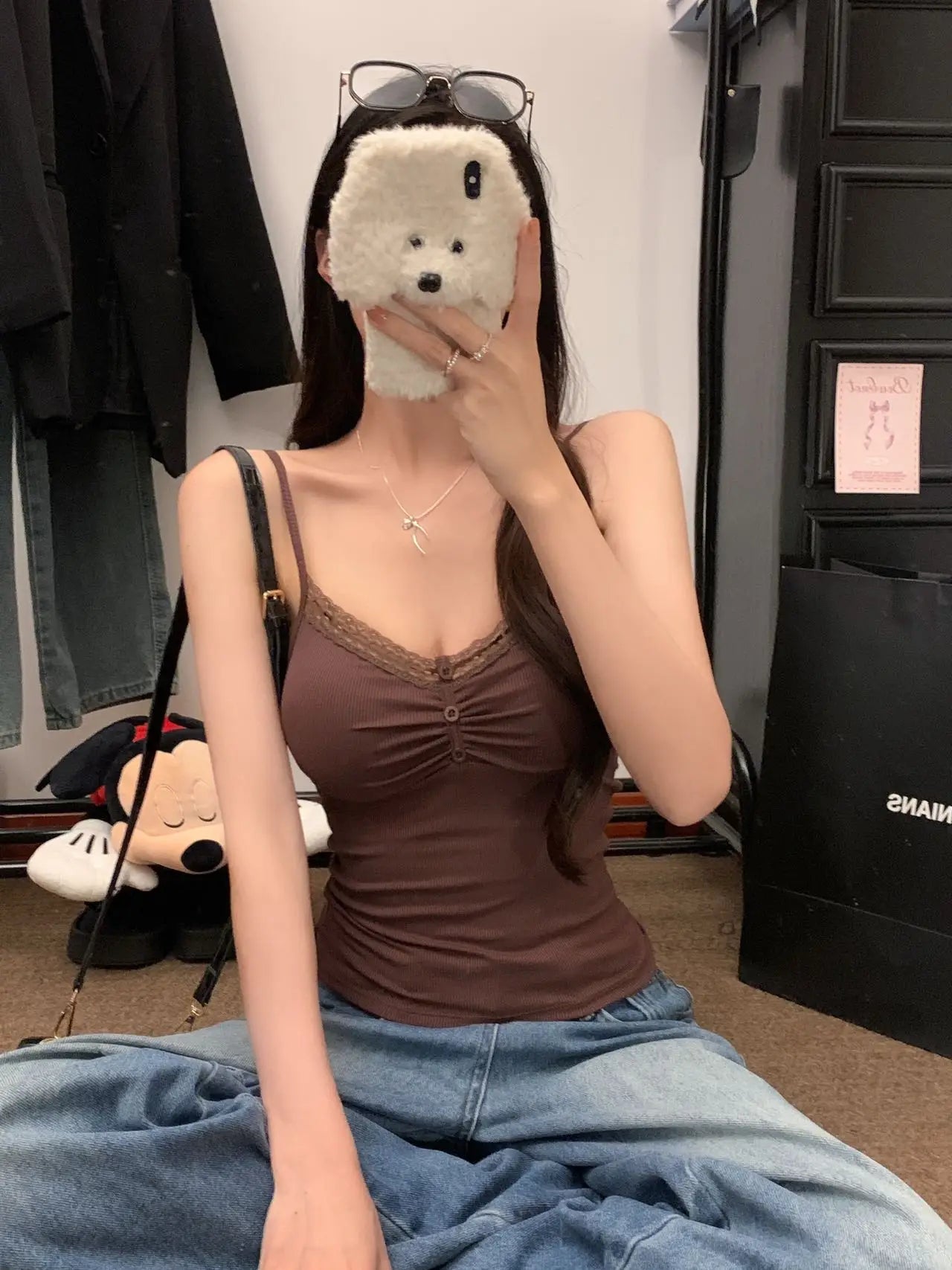 Pure Desire Sexy Lace Splice Strap Vest Women's Inner Wear Slimming Matching Top Trendy Tube Top Cotton Blend Elastic Fiber